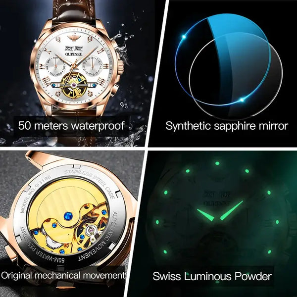 OUPINKE 3186 Men's Luxury Automatic Mechanical Complete Calendar Luminous Watch - Multiple Features