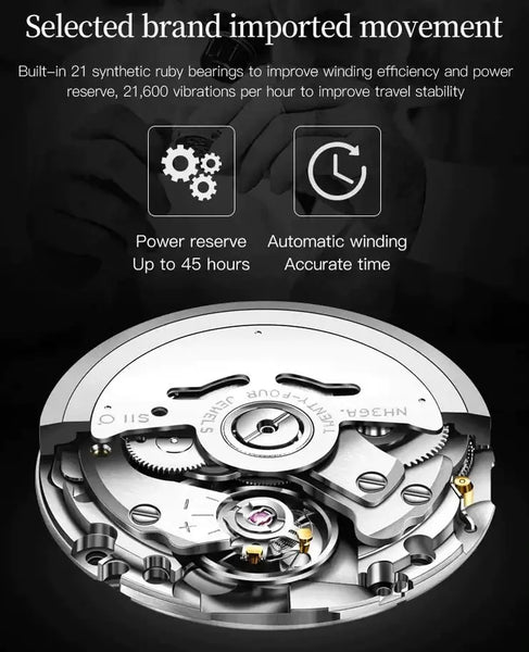UPINKE 3200 Men's Luxury Automatic Mechanical Tonneau Shaped Luminous Watch - Energy Reserve