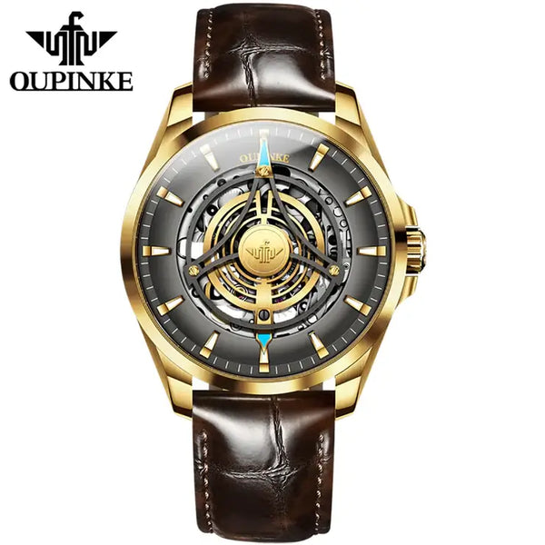 OUPINKE 3206 Men's Luxury Automatic Mechanical Skeleton Design Luminous Watch - Gold Gray Brown Leather Strap