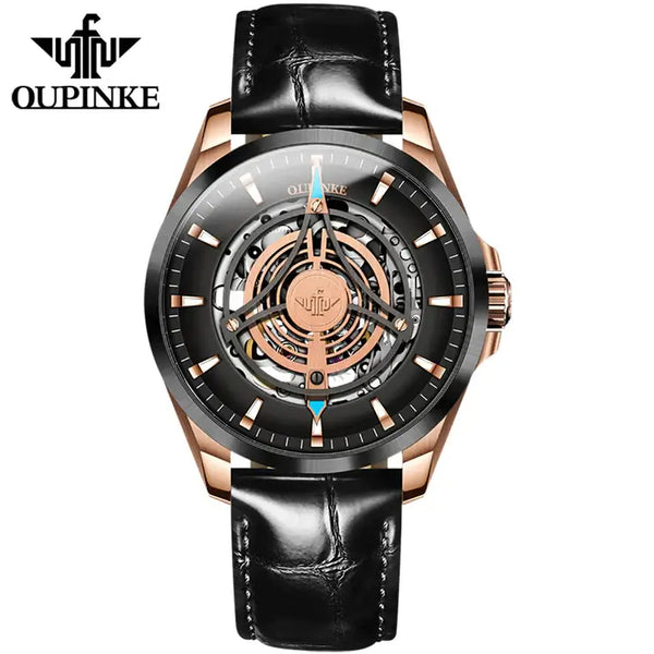 OUPINKE 3206 Men's Luxury Automatic Mechanical Skeleton Design Luminous Watch - Rose Gold Black Black Leather Strap