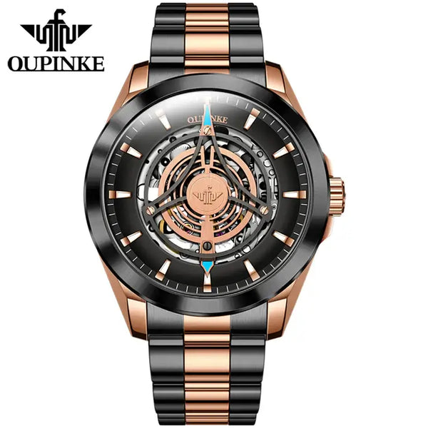 OUPINKE 3206 Men's Luxury Automatic Mechanical Skeleton Design Luminous Watch - Rose Gold Black Steel Strap
