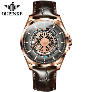OUPINKE 3206 Men's Luxury Automatic Mechanical Skeleton Design Luminous Watch - Rose Gold Gray Brown Leather Strap