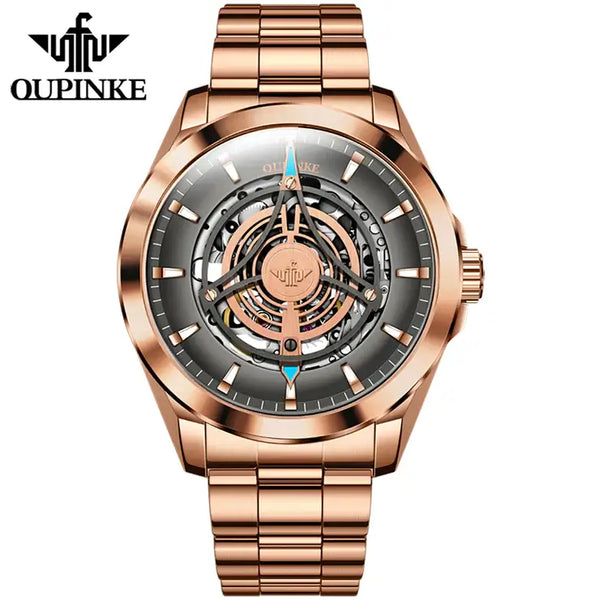 OUPINKE 3206 Men's Luxury Automatic Mechanical Skeleton Design Luminous Watch - Rose Gold Gray Steel Strap