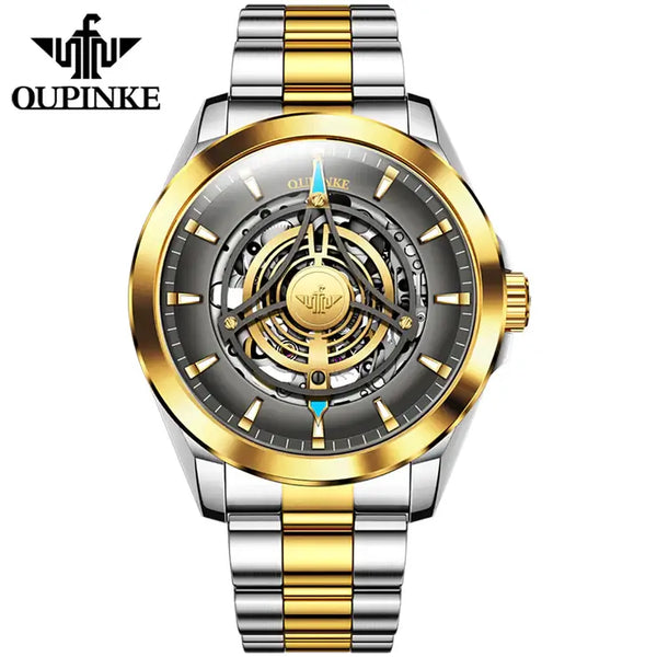 OUPINKE 3206 Men's Luxury Automatic Mechanical Skeleton Design Luminous Watch - Silver Gold Gray Steel Strap