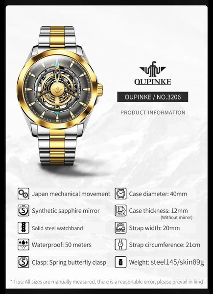 OUPINKE 3206 Men's Luxury Automatic Mechanical Skeleton Design Luminous Watch - Specifications Steel Strap