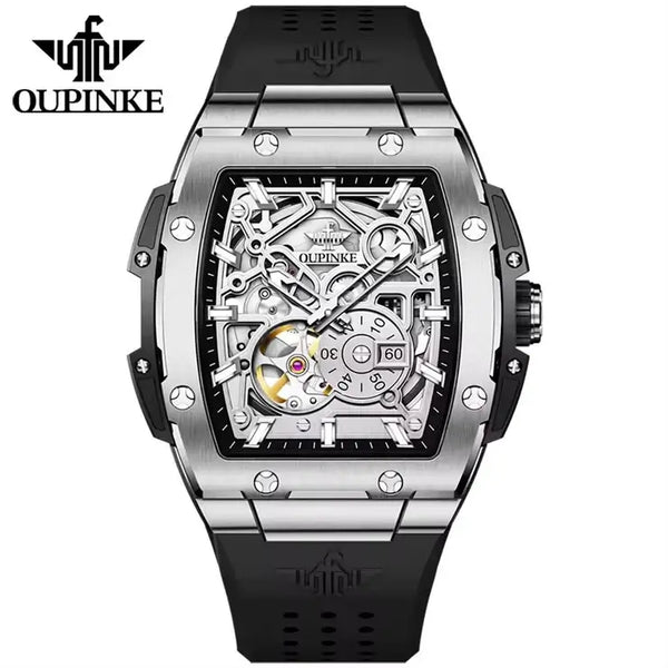OUPINKE 3213 Men's Luxury Automatic Mechanical Skeleton Design Luminous Watch - Black