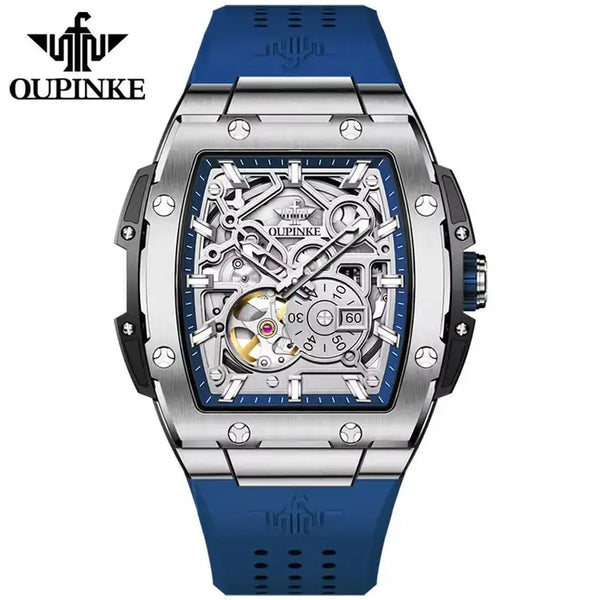 OUPINKE 3213 Men's Luxury Automatic Mechanical Skeleton Design Luminous Watch - Blue