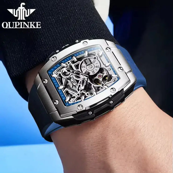 OUPINKE 3213 Men's Luxury Automatic Mechanical Skeleton Design Luminous Watch - Model Picture Blue
