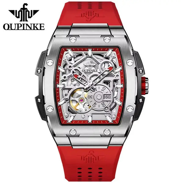OUPINKE 3213 Men's Luxury Automatic Mechanical Skeleton Design Luminous Watch - Red