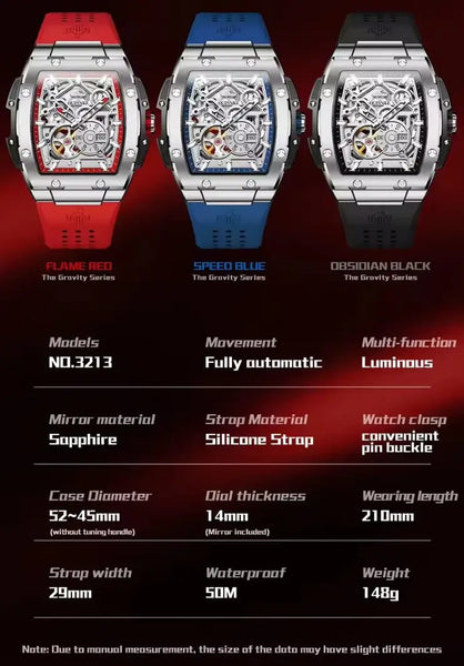 OUPINKE 3213 Men's Luxury Automatic Mechanical Skeleton Design Luminous Watch - Specifications
