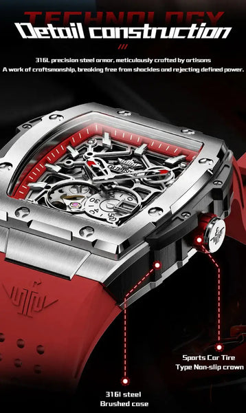 OUPINKE 3213 Men's Luxury Automatic Mechanical Skeleton Design Luminous Watch - Stainless Steel Case
