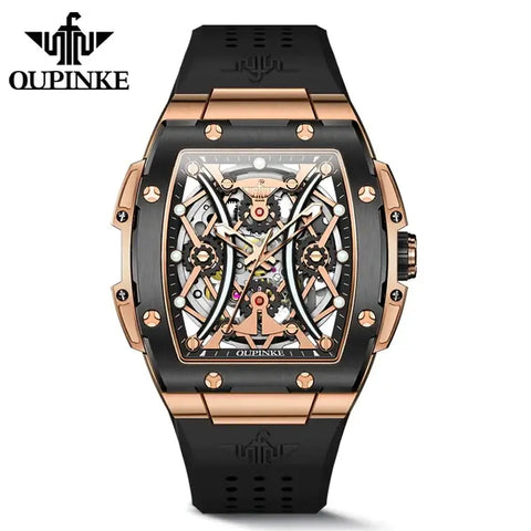 OUPINKE 3215 Men's Luxury Automatic Mechanical Skeleton Design Luminous Watch - Black Rose Gold Black Strap