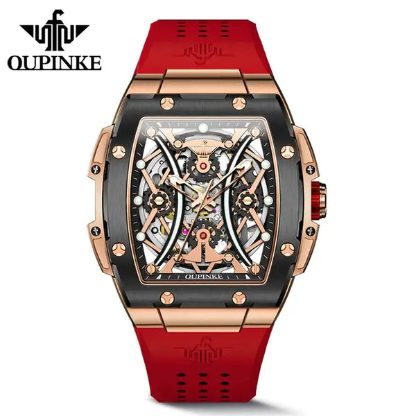 OUPINKE 3215 Men's Luxury Automatic Mechanical Skeleton Design Luminous Watch - Black Rose Gold Red Strap