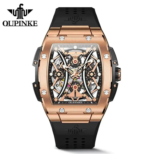 OUPINKE 3215 Men's Luxury Automatic Mechanical Skeleton Design Luminous Watch - Rose Gold Black Strap
