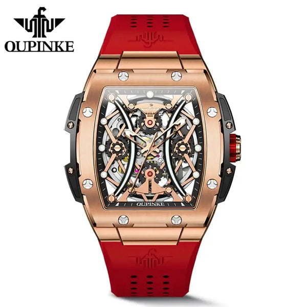 OUPINKE 3215 Men's Luxury Automatic Mechanical Skeleton Design Luminous Watch - Rose Gold Red Strap