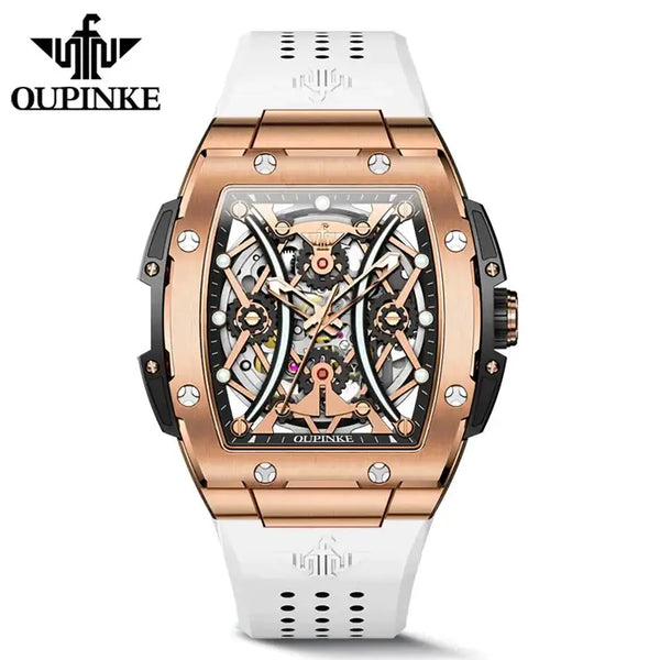 OUPINKE 3215 Men's Luxury Automatic Mechanical Skeleton Design Luminous Watch - Rose Gold White Strap