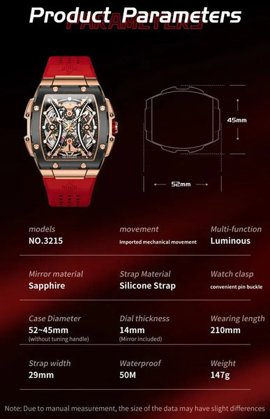 OUPINKE 3215 Men's Luxury Automatic Mechanical Skeleton Design Luminous Watch - Specifications