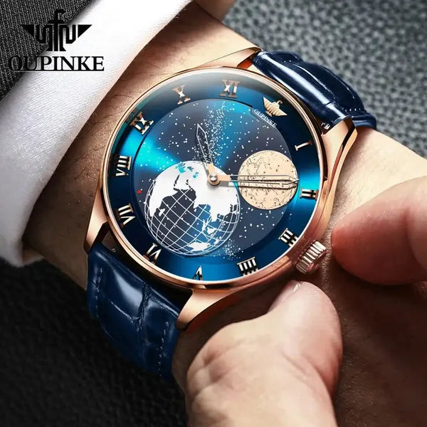 OUPINKE 3230 Men's Luxury Automatic Mechanical Luminous Moon Phase Watch - Model Picture Blue Leather Strap