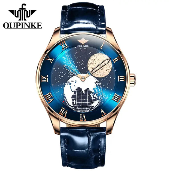 OUPINKE 3230 Men's Luxury Automatic Mechanical Luminous Moon Phase Watch - Rose Gold Blue Face Blue Leather Strap