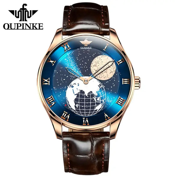 OUPINKE 3230 Men's Luxury Automatic Mechanical Luminous Moon Phase Watch - Rose Gold Blue Face Brown Leather Strap