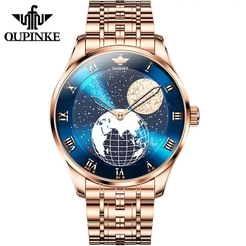 OUPINKE 3230 Men's Luxury Automatic Mechanical Luminous Moon Phase Watch - Rose Gold Blue Face Stainless Steel Strap