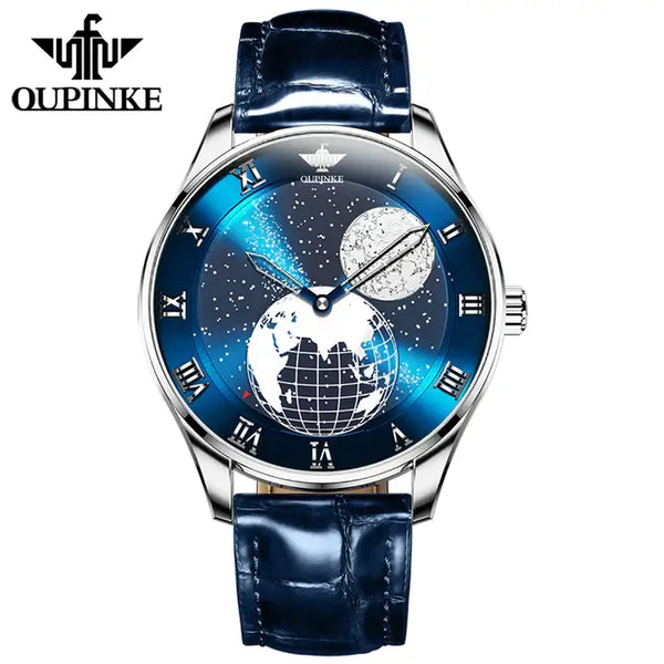 OUPINKE 3230 Men's Luxury Automatic Mechanical Luminous Moon Phase Watch - Silver Blue Face Blue Leather Strap