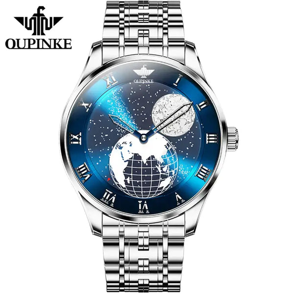OUPINKE 3230 Men's Luxury Automatic Mechanical Luminous Moon Phase Watch - Silver Blue Face Stainless Steel Strap