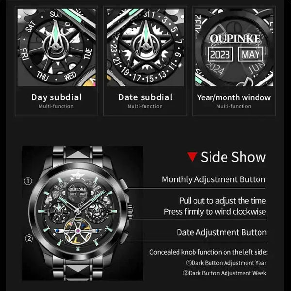 OUPINKE 3233 Men's Luxury Automatic Mechanical Complete Calendar Luminous Watch - Features
