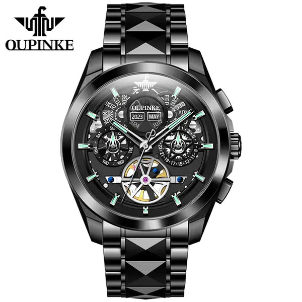 OUPINKE 3233 Men's Luxury Automatic Mechanical Complete Calendar Luminous Watch - Full Black