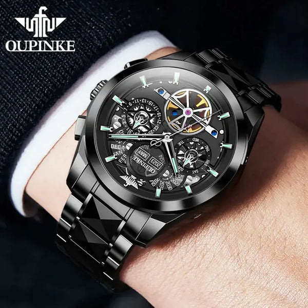 OUPINKE 3233 Men's Luxury Automatic Mechanical Complete Calendar Luminous Watch - Model Picture Full Black