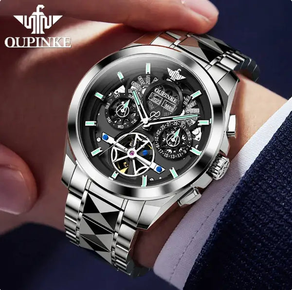 OUPINKE 3233 Men's Luxury Automatic Mechanical Complete Calendar Luminous Watch - Model Picture Silver Black