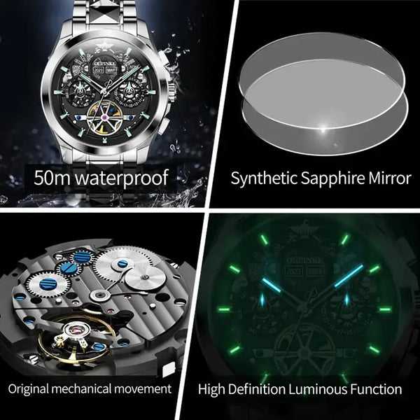 OUPINKE 3233 Men's Luxury Automatic Mechanical Complete Calendar Luminous Watch - Multiple Features