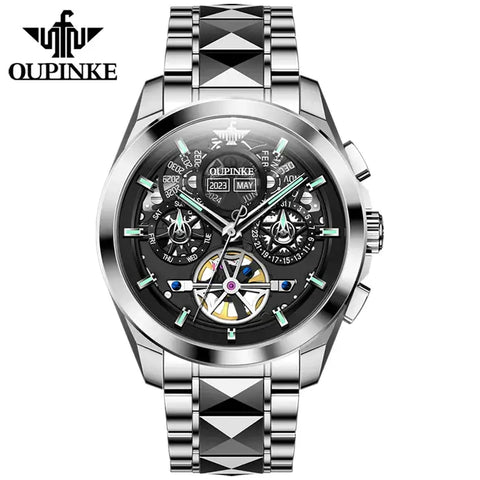 OUPINKE 3233 Men's Luxury Automatic Mechanical Complete Calendar Luminous Watch - Silver Black Face