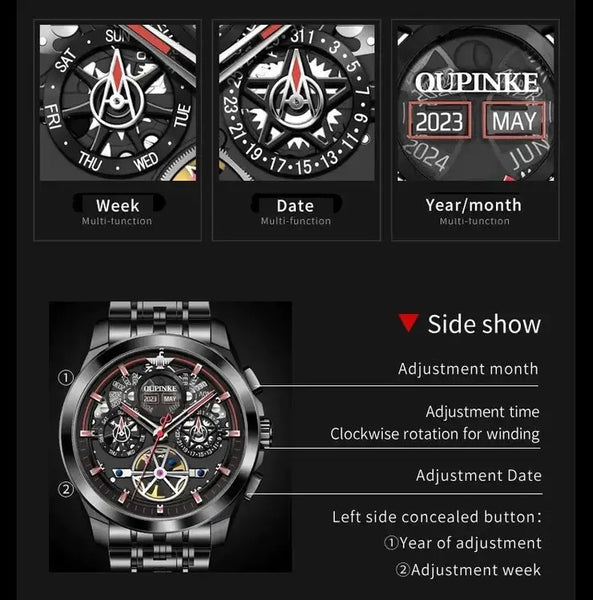  OUPINKE 3235 Men's Luxury Automatic Mechanical Complete Calendar Luminous Watch - Features