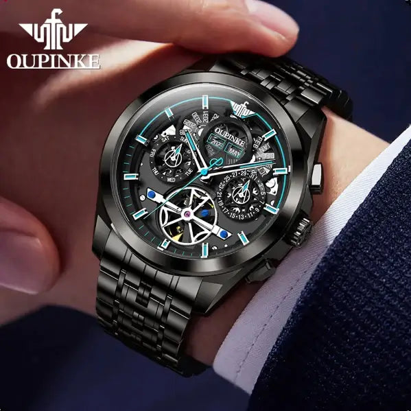  OUPINKE 3235 Men's Luxury Automatic Mechanical Complete Calendar Luminous Watch - Model Picture Blue