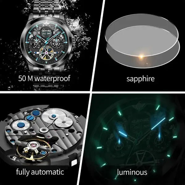  OUPINKE 3235 Men's Luxury Automatic Mechanical Complete Calendar Luminous Watch - Multiple Features