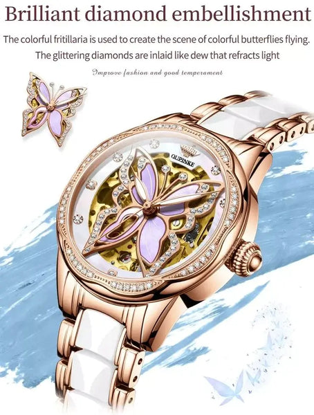 OUPINKE 3239 Women's Luxury Automatic Mechanical Butterfly Design Luminous Watch - Hollow Design