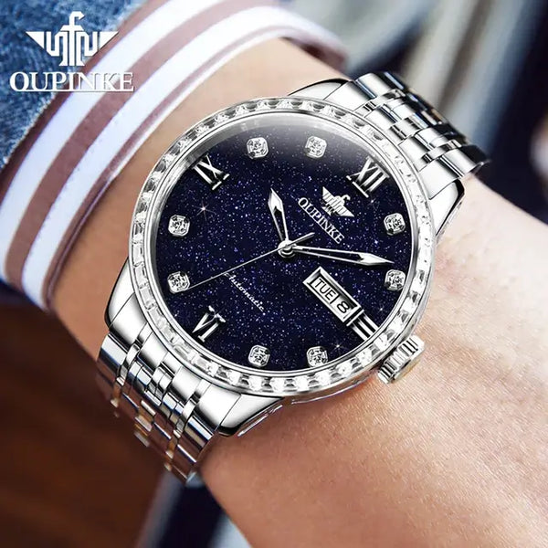 OUPINKE 3241 Men's Luxury Automatic Mechanical Starry Sky Design Luminous Watch - Model Picture Silver