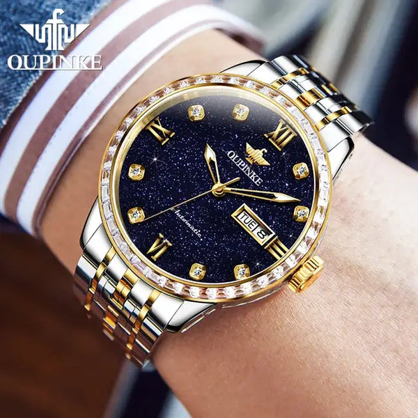 OUPINKE 3241 Men's Luxury Automatic Mechanical Starry Sky Design Luminous Watch - Model Picture Two Tone