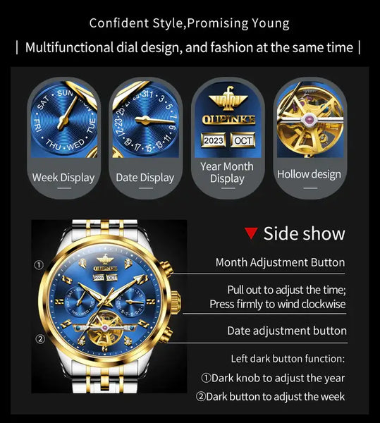 OUPINKE 3248 Men's Luxury Automatic Mechanical Complete Calendar Luminous Watch - Features