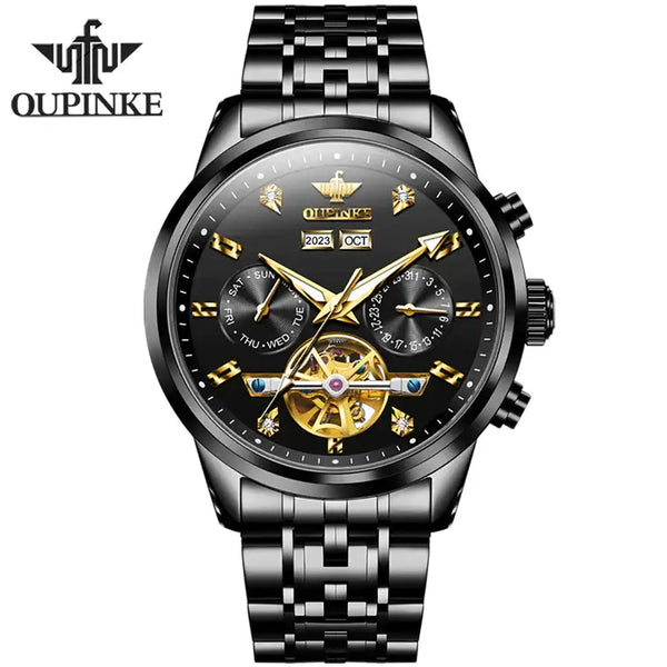 OUPINKE 3248 Men's Luxury Automatic Mechanical Complete Calendar Luminous Watch - Full Black