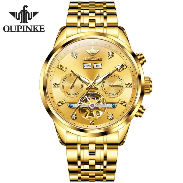 OUPINKE 3248 Men's Luxury Automatic Mechanical Complete Calendar Luminous Watch - Full Gold