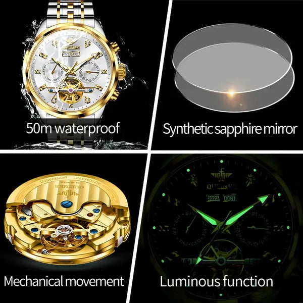 OUPINKE 3248 Men's Luxury Automatic Mechanical Complete Calendar Luminous Watch - Multiple Features