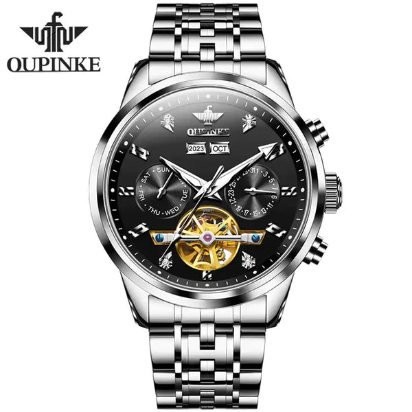 OUPINKE 3248 Men's Luxury Automatic Mechanical Complete Calendar Luminous Watch - Silver Black Face