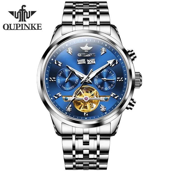 OUPINKE 3248 Men's Luxury Automatic Mechanical Complete Calendar Luminous Watch - Silver Blue Face