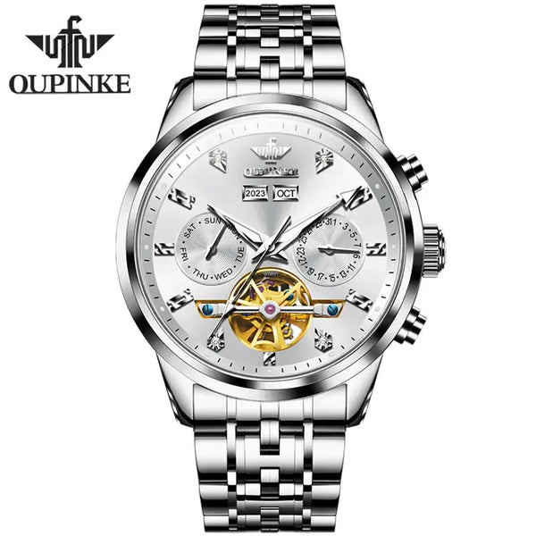 OUPINKE 3248 Men's Luxury Automatic Mechanical Complete Calendar Luminous Watch - Silver White Face