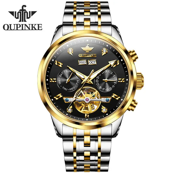 OUPINKE 3248 Men's Luxury Automatic Mechanical Complete Calendar Luminous Watch - Two Tone Black Face