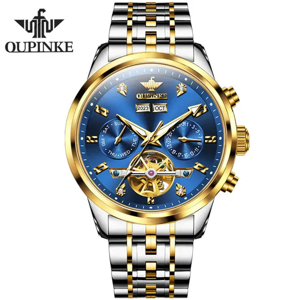OUPINKE 3248 Men's Luxury Automatic Mechanical Complete Calendar Luminous Watch - Two Tone Blue Face