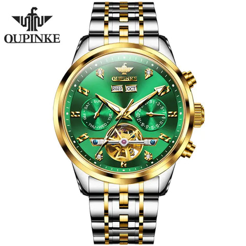 OUPINKE 3248 Men's Luxury Automatic Mechanical Complete Calendar Luminous Watch - Two Tone Green Face
