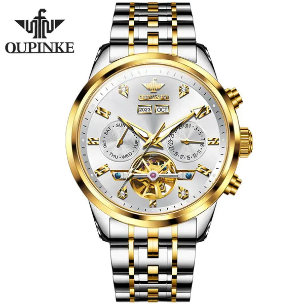 OUPINKE 3248 Men's Luxury Automatic Mechanical Complete Calendar Luminous Watch - Two Tone White Face